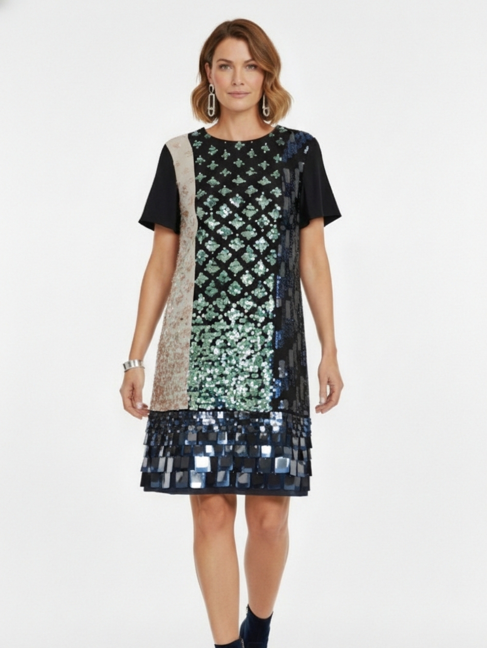 Tory Burch Sequin Color-block T-shirt Dress Short Sleeves Black Cream Blue -sz 2